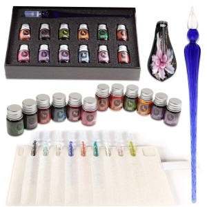 Nicee ガラスペン 12色インクセット カリグラフィー 羽ペン つけペン 便箋 ペン置き (ガラスペン1本、12色インク、便箋、ペン置き、ガラ