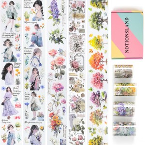 NOTIONSLAND マスキングテープ 可愛い 美し 花 女の子 手帳 DIY 和紙 透明PET テープ 広幅 (4巻ギフトボックス)