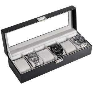 ProCase 腕時計ケース PU製 ウオッチコレクションケース 男性 収納ボックス ガラス蓋 ディスプレイケース プレゼント（6本用・ブラック）