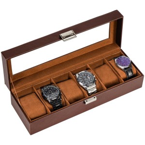 ProCase 腕時計ケース PU製 ウオッチコレクションケース 男性 収納ボックス ガラス蓋 ディスプレイケース プレゼント（6本用・ブラウン）