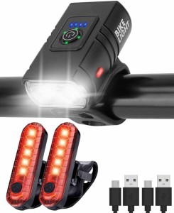 USB充電可能なLEDバイクライトセット（フロントおよびリア）、サイクリングバイクヘッドライト＆テールライト、道路、山、夜間ライディン
