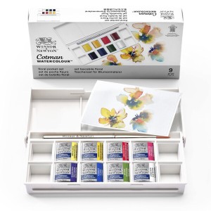 Winsor & Newton (ウィンザー＆ニュートン) 固形 水彩絵の具 コットマン ハーフパン ウォーターカラー ポケット 絵の具セット (8色＆筆)