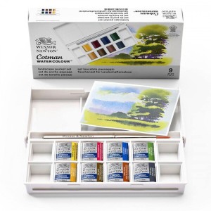 Winsor & Newton (ウィンザー＆ニュートン) 固形 水彩絵の具 コットマン ハーフパン ウォーターカラー ポケット 絵の具セット (8色＆筆)