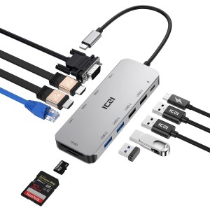 デュアルHDMI ICZI USB C ハブ 11-in-1 トリプルディスプレイ Type C ハブ 4K 30Hz HDMI 1080P VGA USB 3.0 100W PD対応 イーサネット SD