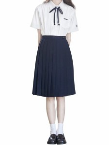 (Sharphon) 制服 スカート 膝上 60CM丈 紺 無地 ライン ハイウエスト プリーツスカート セーラースカート