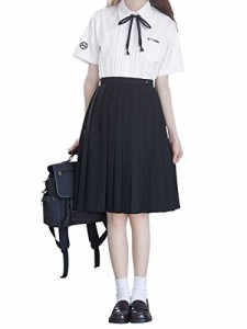 (Sharphon) 制服 スカート 60CM丈 膝上 黒 無地 ライン ハイウエスト プリーツスカート セーラースカート