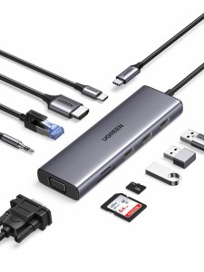 UGREEN 10-in-1 USB C ハブ 4K HDMI& VGA出力 USBハブ 3xUSB3.0 ハブ 100W PD急速充電 1Gbps イーサネット 3.5mmオーディオポート付き SD