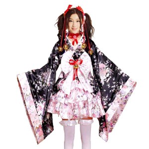 Joel's Store メイド着物風コスチューム ロリータ洋服 花魁浴衣ドレス 和服コスプレ ハロウィン コスチューム セット (ピンク, S)