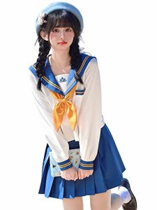 (YAISHN) セーラー服 本格制服 長袖 コスプレ 制服 プリーツスカート ハロウィン 仮装 金魚結び 紺色 ネイビー イエロー 上下セット 女子