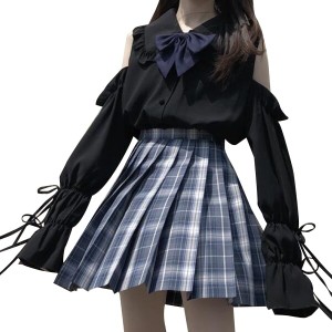(RONGUI) 女子高生 コスプレ 長袖 レディース ブラウス 肩出し トップス 大きいサイズ 学生服 女子 制服 (XL, ブラック)