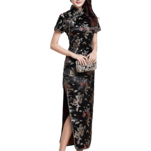 (RONGUI) 大きいサイズ チャイナドレス コスプレ ロング 女装 スリット 半袖 衣装 男性 チャイナ服 メンズ (S, 黒（ブラック）)