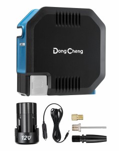 DongCheng エアコンプレッサー 電動 空気入れ 120PSI 12L/min 2000mAh 一体型自収納 コードレス 急速充填 2in1給電モード 3単位表示 12V 