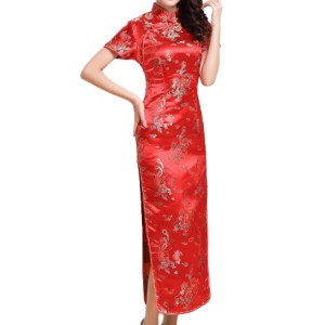 (RONGUI) 大きいサイズ チャイナドレス コスプレ ロング 女装 スリット 半袖 衣装 男性 チャイナ服 メンズ (5XL, 赤（レッド）)