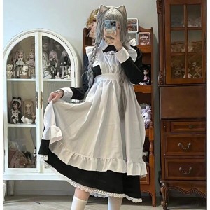 (AAGWW) メイド服 ロング丈 エプロン ロングスカート 女性 男性用 アニメコス Cosplay メイド服 コスプレ 長袖 女性服 学園祭（デザイン