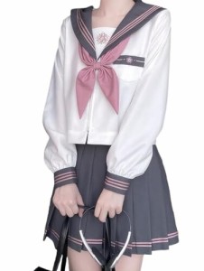 (シダーエイト) セーラー服 グレー×ピンク 長袖 JK コスチューム 制服 女子高校生 高校生 コスプレ 3点セット (M)