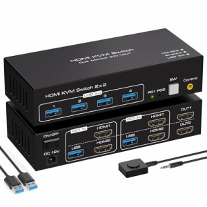 デュアル ディスプレイ HDMI KVM 切替器 SW220 USB3.0 ハブ 4K 60Hz HDMI 2入力2出力 2PC PS4 PS5 共有 切替 セレクター 4USB ポート キ