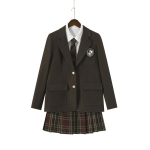 (Mrinoyume) ブレザー JK制服 コート セーラー服 ジャケット 女子高生 スーツ スカート バッジ ネクタイ 茶色 ブラック (2XL, 茶色2点セ