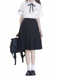 (Sharphon) 制服 スカート 60CM丈 膝上 黒 無地 ライン ハイウエスト プリーツスカート セーラースカート