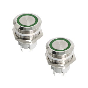 Ohamtes 瞬間的な押しボタンスイッチ 3V 6V 防水ステンレス鋼金属 3/4" 取り付け穴 緑 LED SPST スイッチ、電気機器用， 2個、平らな