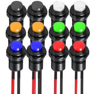 Kiligen 12個配線済み瞬間押しボタン ON/OFF AC 250V/1.5A 125V/3A押しボタン(装着内径12mm) (赤、緑、黄、青、黒、白い)