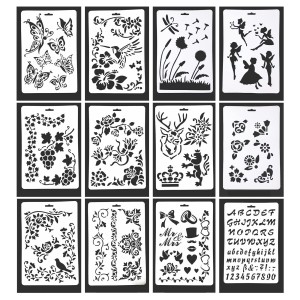 ステンシルシート 描画 手帳用 文字 数字 花柄 植物 フルーツ テンプレート 絵描き道具 塗り絵 DIY 面白い プレゼント 人気 (絵)