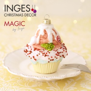 クリスマスツリー 飾り オーナメント INGE-GLAS MAGIC [E] ガラス製 薄きいろ ピンクに白色のソース ビーズ マフィン 9cm［64527H120］