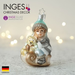 クリスマスツリー 飾り オーナメント INGE-GLAS MANUFAKTUR くまと一緒にソリに乗った女の子 10cm［10087S020］