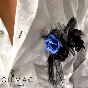 コサージュ 薔薇 フェザー 黒レースリボン ブローチ メンズ コサージュ 日本製 結婚式(ブルーブラック) k1705/ドレス造花MADEINJAPAN