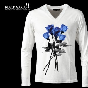 メール便可/1枚まで Tシャツ 長袖 Vネック 薔薇 バラ柄 花柄 プリント(ホワイト白ブルー) zkk025ls