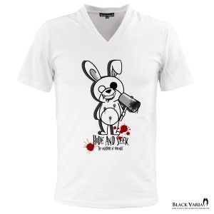 メール便可/1枚まで Tシャツ 半袖 キラー ウサギ ロゴ プリント Vネック メンズ(ホワイト白) ztm020