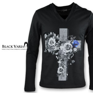 メール便可/1枚まで Tシャツ 長袖 Vネック クロス 十字架 バラ 薔薇 花 メンズ(ブラック黒) zkk028ls