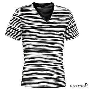 メール便可/1枚まで Tシャツ Vネック ラメ ランダム ボーダー 無地 半袖Tシャツ(ブラック黒ホワイト白) 163210