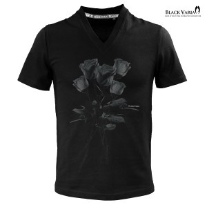 メール便可/1枚まで Tシャツ 半袖 Vネック 薔薇 バラ 花柄 メンズ スリム 細身 mens(ブラック黒) zkk025