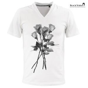 メール便可/1枚まで Tシャツ 半袖 Vネック 薔薇 バラ 花柄 メンズ スリム 細身 mens(ホワイト白) zkk025