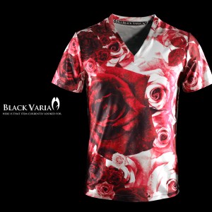 メール便可/1枚まで Tシャツ 半袖 Vネック 花柄 バラ柄 メンズ 日本製 ストレッチ(レッド赤) bv04