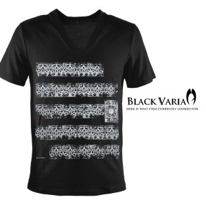 メール便可/1枚まで Tシャツ 半袖 Vネック アラベスク柄 バロック プリント メンズ(ブラック黒) zkk040