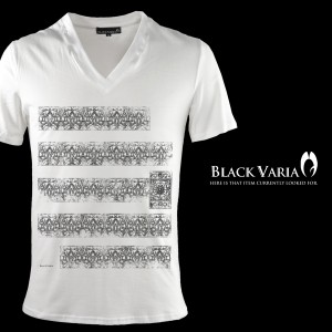 メール便可/1枚まで Tシャツ 半袖 Vネック アラベスク柄 バロック プリント メンズ(ホワイト白) zkk040