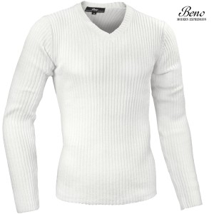 Beno セーター Vネック ニット リブ 無地 2重臼編み メンズ シンプル mens(ホワイト白) 130n2751