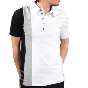ポロシャツ 半袖 カノコ スキッパー 切替 刺繍 英字 GD8 グラディエイト GLADIATE メンズ(ホワイト白ブラック) 462845