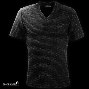 メール便可/1枚まで Tシャツ ピンタック ラメ メンズ Vネック 光沢 ボーダー 立体 日本製 半袖Tシャツ(ブラック黒) 173321