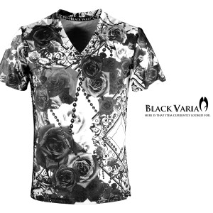 Tシャツ 半袖 Vネック 薔薇柄 花柄 バラ チェーン柄 総柄 スポーツ 機能性素材 速乾 mens(ブラック黒) bv09