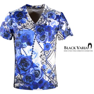 Tシャツ 半袖 Vネック 薔薇柄 花柄 バラ チェーン柄 総柄 スポーツ 機能性素材 速乾 mens(ブルー青) bv09