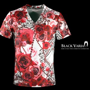 Tシャツ 半袖 Vネック 薔薇柄 花柄 バラ チェーン柄 総柄 スポーツ 機能性素材 速乾 mens(レッド赤) bv09