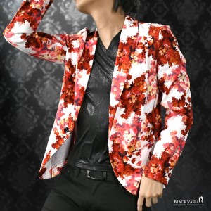 カットジャケット 花柄 薔薇 メンズ 日本製 1釦 ストレッチ 長袖 シングル ジャケット(ホワイト白レッド赤) 172750