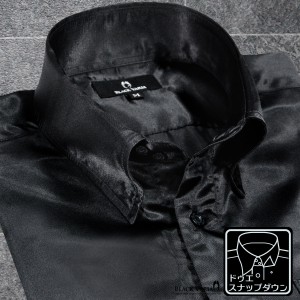 サテンシャツ ドレスシャツ 長袖 スナップダウン ドゥエボットーニ 光沢 無地 衣装 日本製 パーティー(ブラック黒) 171714