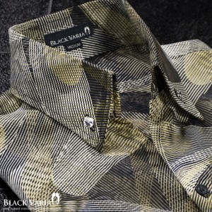 サテンシャツ ドレスシャツ 長袖 スキッパー 幾何学 日本製 メンズ ボタンダウン ジャガード(ブラウン茶ゴールド金) 935720