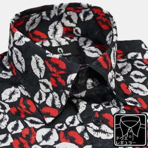 サテンシャツ ドレスシャツ レギュラーカラー ドゥエボットーニ メンズ 日本製 ジャガード 口唇(ブラック黒レッド赤グレー灰) 181113