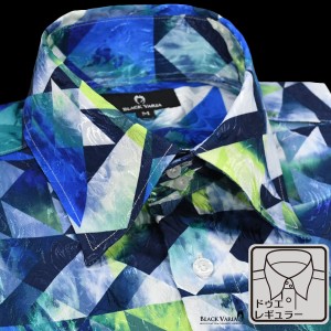 サテンシャツ ドレスシャツ 長袖 ドゥエボットーニ レギュラーカラー幾何学模様 メンズ  ジャガード 日本製(ブルー青ホワイト白) 181707