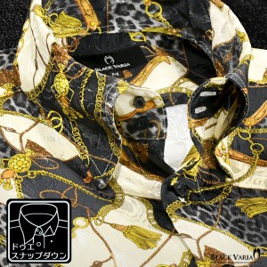 サテンシャツ ドレスシャツ スナップダウン メンズ ドゥエボットーニ チェーン柄 豹柄 ジャガード 日本製(ゴールド金ブラック黒) 181718