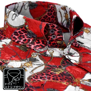 サテンシャツ ドレスシャツ スナップダウン メンズ ドゥエボットーニ チェーン柄 豹柄 ジャガード 日本製(レッド赤) 181718